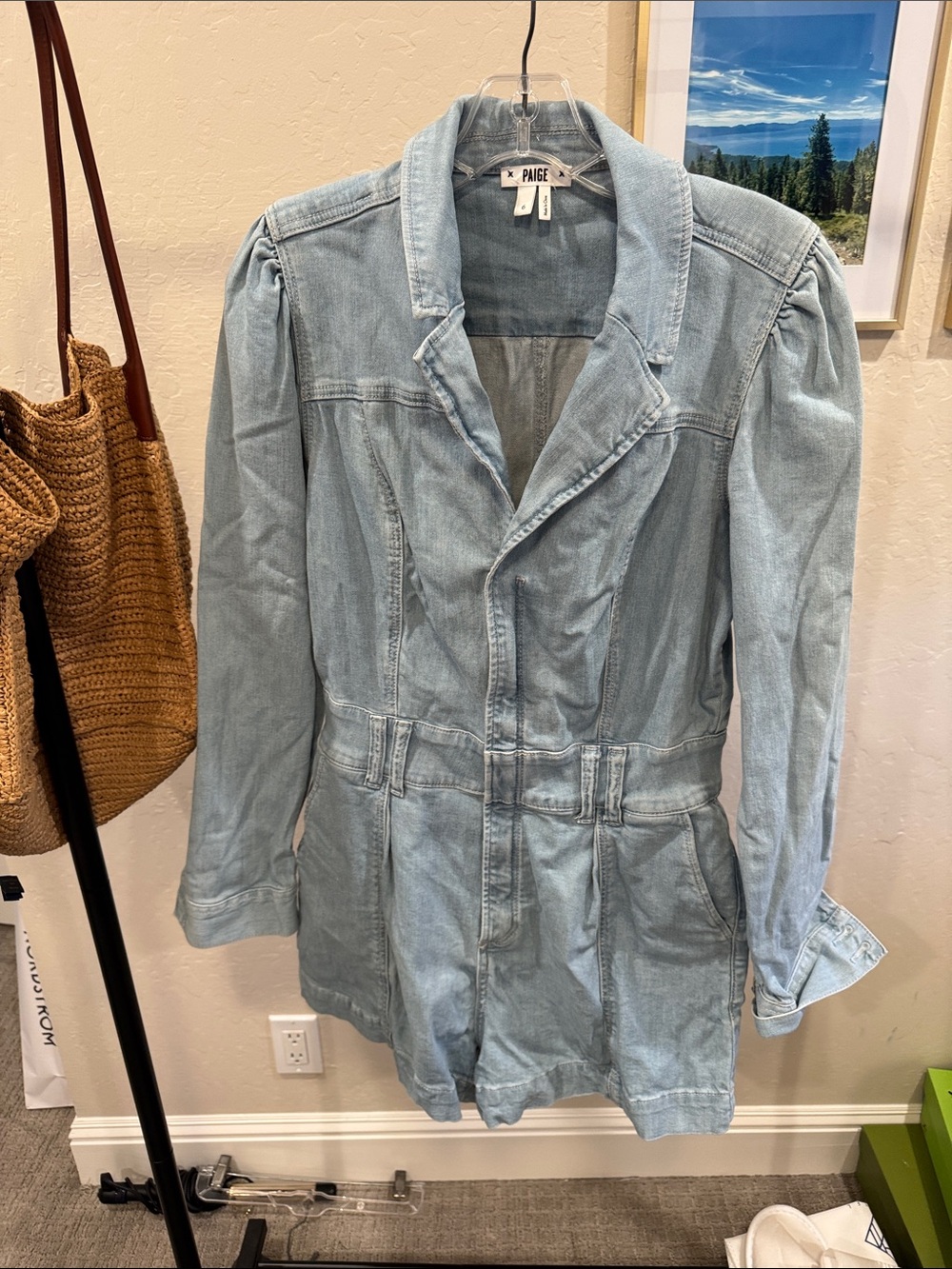 PAIGE Light Wash Denim Jacket Romper in Pale Blue